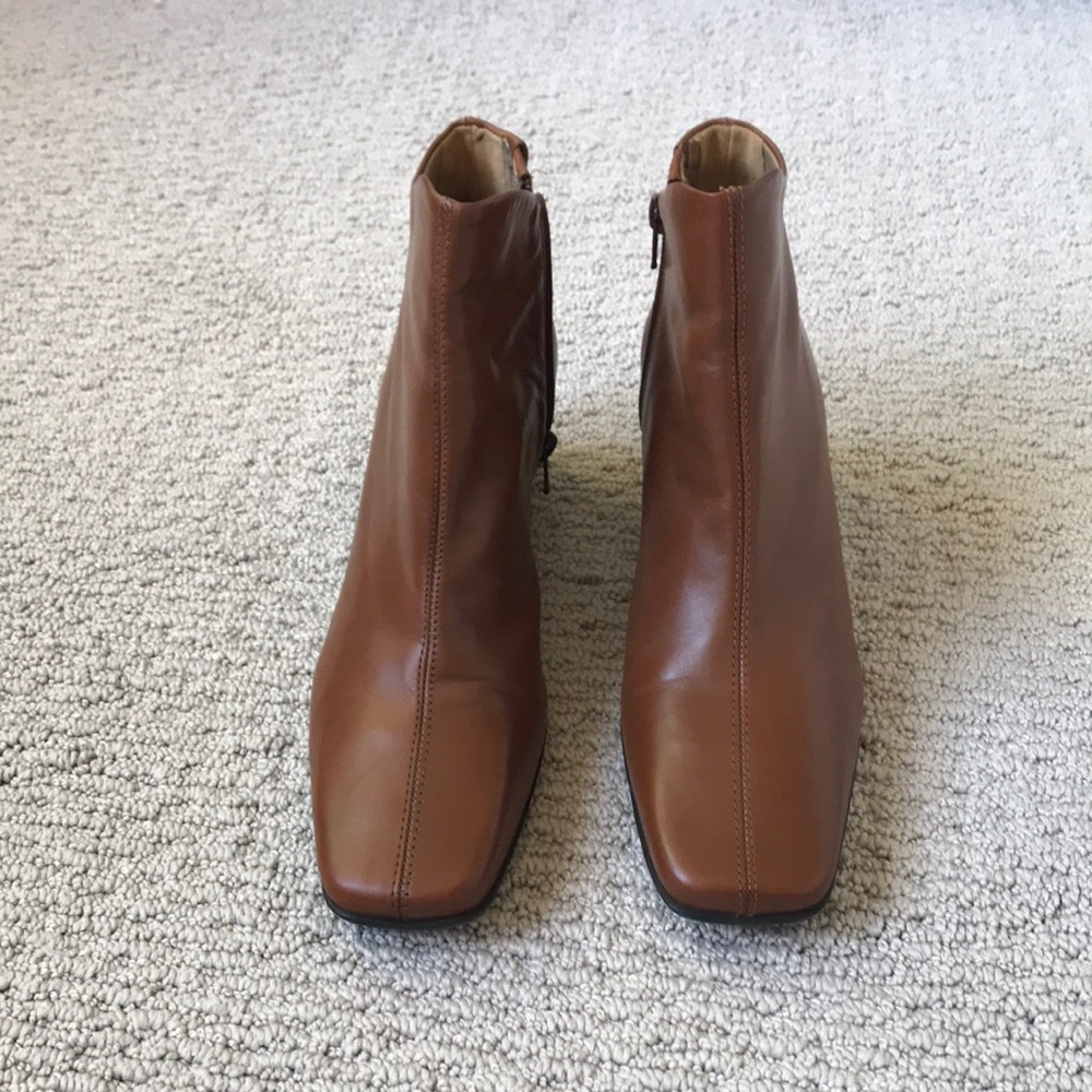 Square toe calf length leather boots